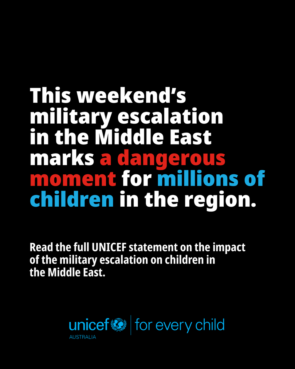 unicefaustralia's tweet photo. Children should never pay the price of conflict.

This weekend’s military escalation in the Middle East marks a dangerous moment for millions of children. 

Read our full statement: https://t.co/n7P2g3fsV2 https://t.co/aWQNnWy1UQ