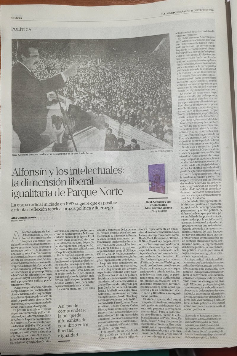 alfioacosta's tweet photo. Hoy @LANACION publicó mi texto: “Alfonsín y los intelectuales: la dimensión liberal igualitaria de Parque Norte”. Gracias al diario y, en especial, a @hectormguyot por la confianza y por abrirme las puertas de uno de los medios más prestigiosos del país y de América Latina. https://t.co/dIwAwD5y4v
