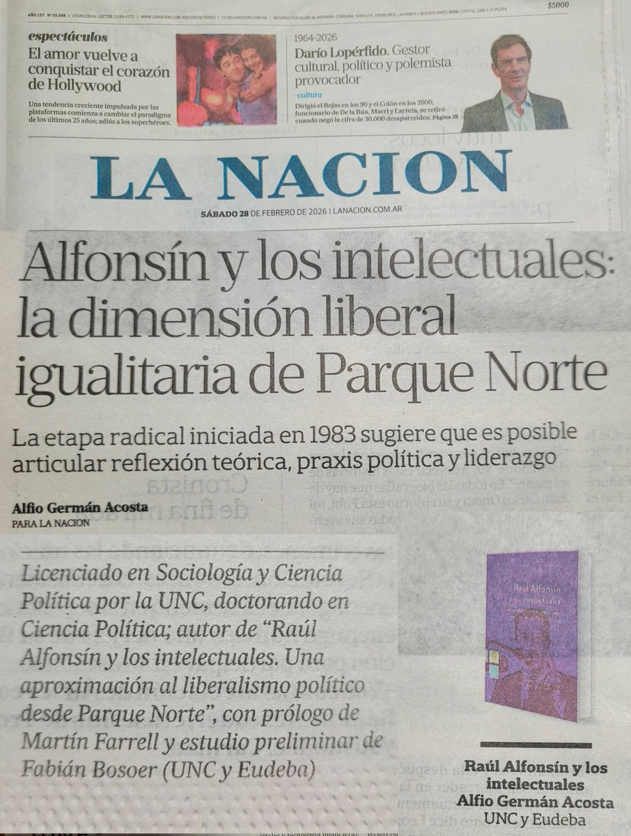 Hoy <a href="/LANACION/">LA NACION</a> publicó mi texto: “Alfonsín y los intelectuales: la dimensión liberal igualitaria de Parque Norte”. Gracias al diario y, en especial, a <a href="/hectormguyot/">Héctor M. Guyot</a> por la confianza y por abrirme las puertas de uno de los medios más prestigiosos del país y de América Latina.