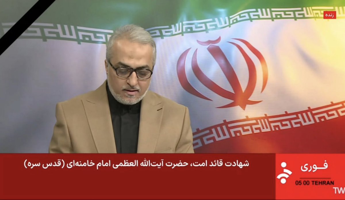 DkVoiceofIran's tweet photo. Statslige medier i Iran har nu officielt bekræftet præstestyrets øverste leder Ali Khameneis død. https://t.co/fcQnEq2KXf