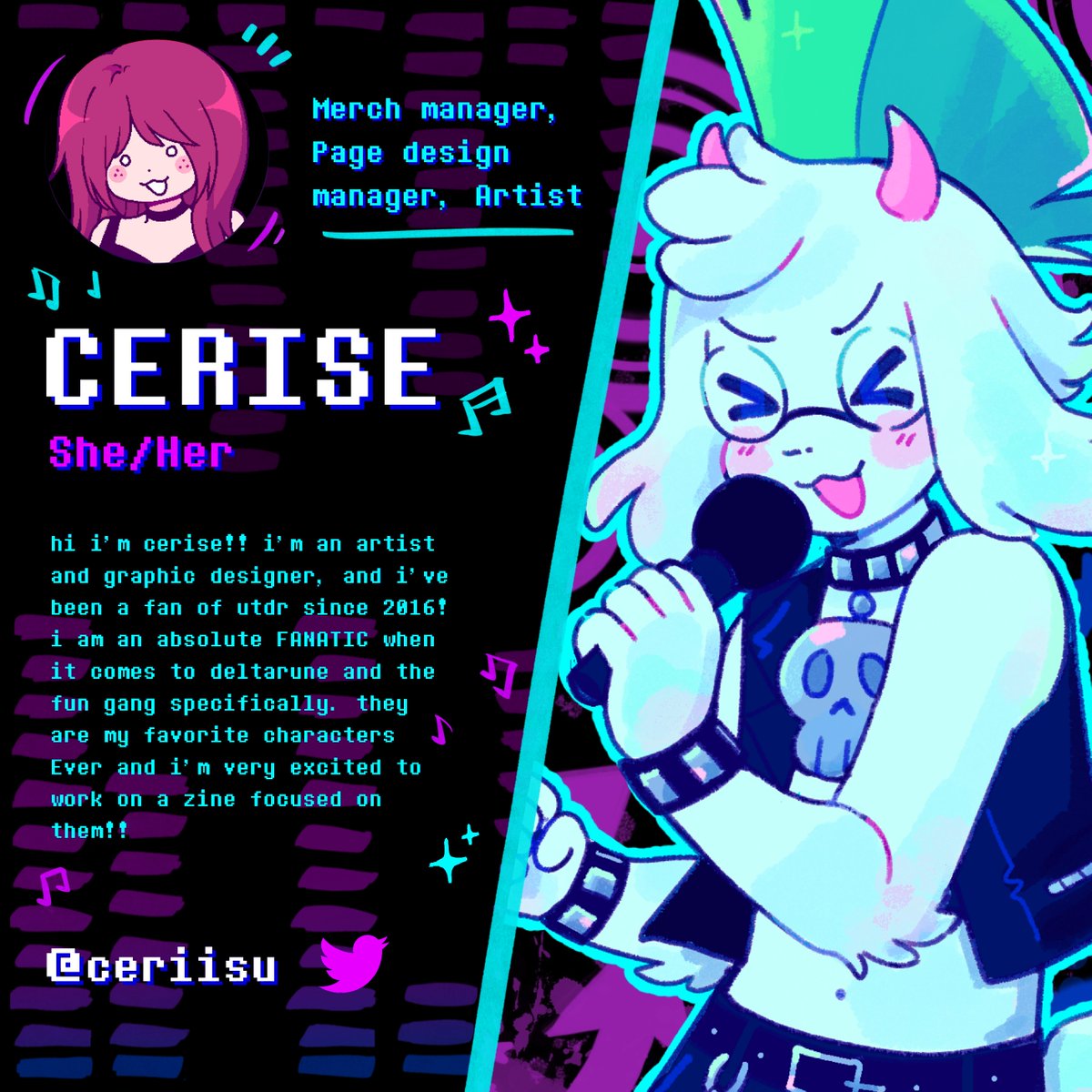 letsrockzine's tweet photo. Next, we have our merch and page design manager
@ceriisu!   

Graphic design is her passion.. with her incredible talent and expertise, she will ensure the merchandise and physical book will absolutely rock your world!

#DELTARUNE https://t.co/MnBofgRon2