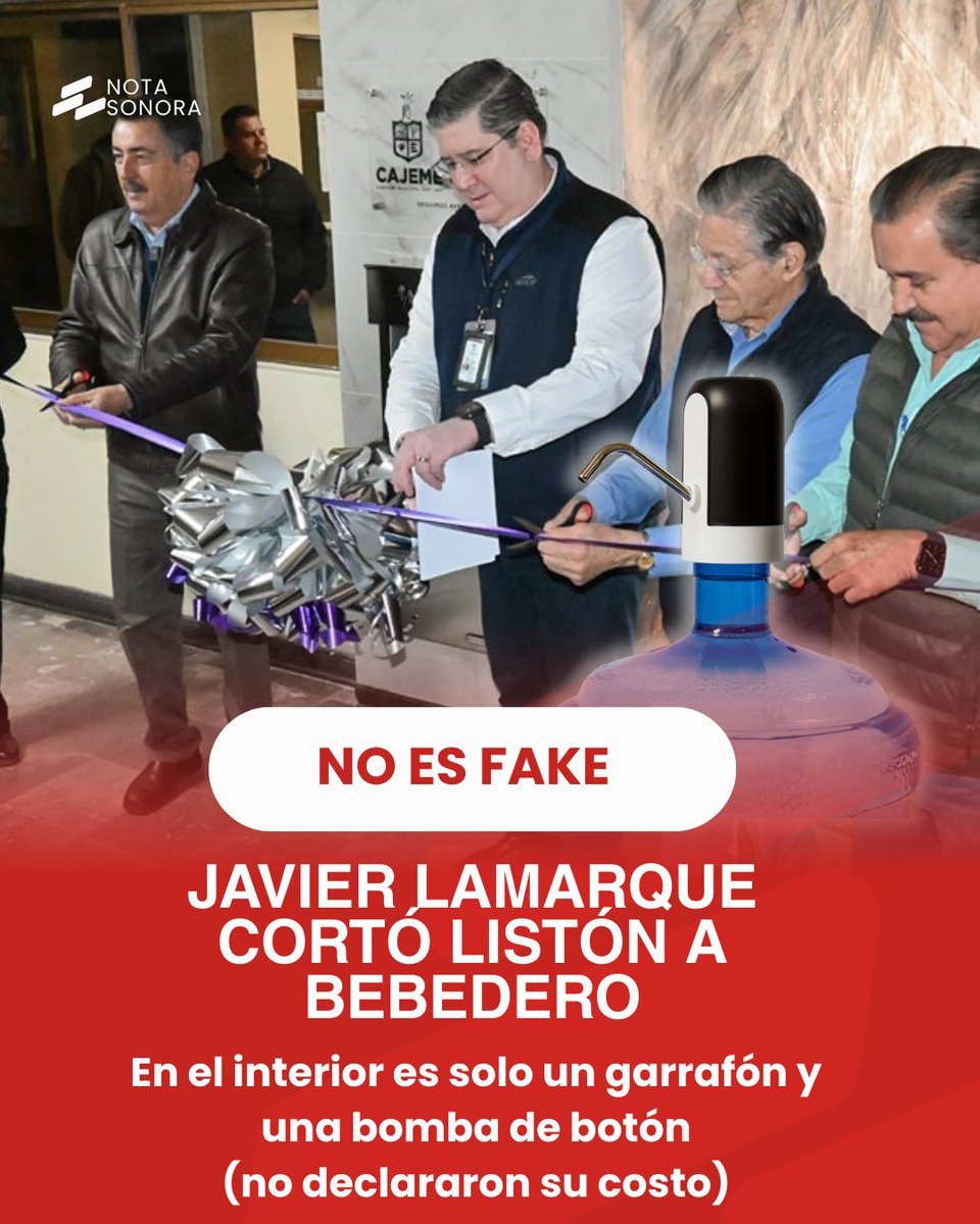 #IMPORTANTE #NOFAKE
Si te lo cuento, no me crees: Javier Lamarque cortó listón… a un bebedero.

Sí, ceremonia oficial, tijeras, foto y aplausos incluidos.

Lo interesante no fue el agua, sino la producción: porque según versiones, por dentro tiene un garrafón con bomba de botón