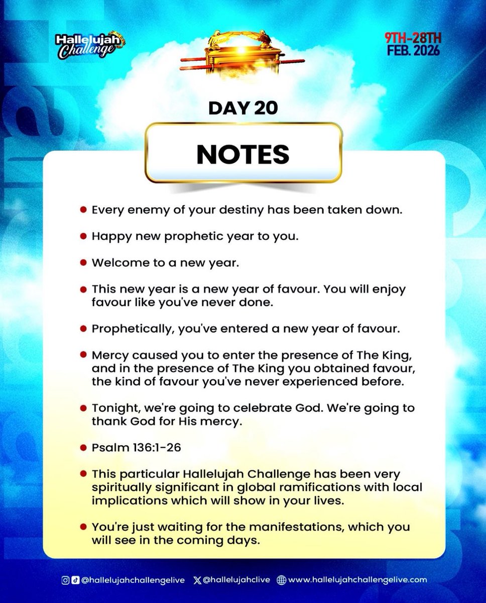 HC_XFamily's tweet photo. What an amazing, glorious 20 days!
It's been Heaven on earth. 🔥

We have truly enjoyed the mercy of God. Mercy is speaking for us already.

Happy merciful, prophetic new year to us. It's our year of mercy and favour. This new prophetic year, we enjoy the favour of God like never before.

In the coming days, we will see the manifestations of all that God has done in our lives these past 20 days.

We will carry the evidence and tokens of God's mercy, God's benevolence, His Hesed and His covenant lovingkindness.
Go and come back next Hallelujah Challenge with a testimony.

THANK YOU JESUS • GLORY TO GOD • HALLELUJAH

If you missed the Grand Finale, you can watch the replay on YouTube (Nathaniel Bassey Main), Facebook (Nathaniel Bassey Official) or Instagram (@nathanielblow).

Here's the recap!

See you at the October 2026 Hallelujah Challenge.

GOD bless you!

#HallelujahChallenge
#HallelujahChallenge2026
#HallelujahChallengeFEB2026
#TheMercyEdition