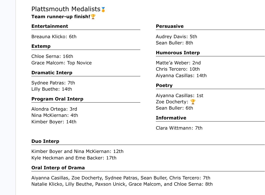 Titan Talkers went back-to-back this weekend, and took 2nd place at both Lincoln East and Plattsmouth!!🏆🏆 They faced a combined 40+ schools and were in competition for 18 hours🤯 Perseverance, hard work, and positive belief keep moving us forward! Go Titans!