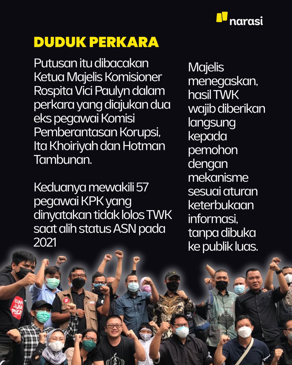 NarasiNewsroom's tweet photo. Komisi Informasi Pusat (KIP) memerintahkan Badan Kepegawaian Negara (BKN) membuka hasil Tes Wawasan Kebangsaan (TWK) terhadap 57 pegawai KPK yang sebelumnya dinyatakan tak lolos dalam tes tersebut. 

Ini adalah penantian panjang mencari keadilan selama 5 tahun yang dilakukan eks pegawai KPK usai mereka dinyatakan tak lolos dalam TWK. 

Apa konsekuensi dari putusan ini? 

| Narasi Daily