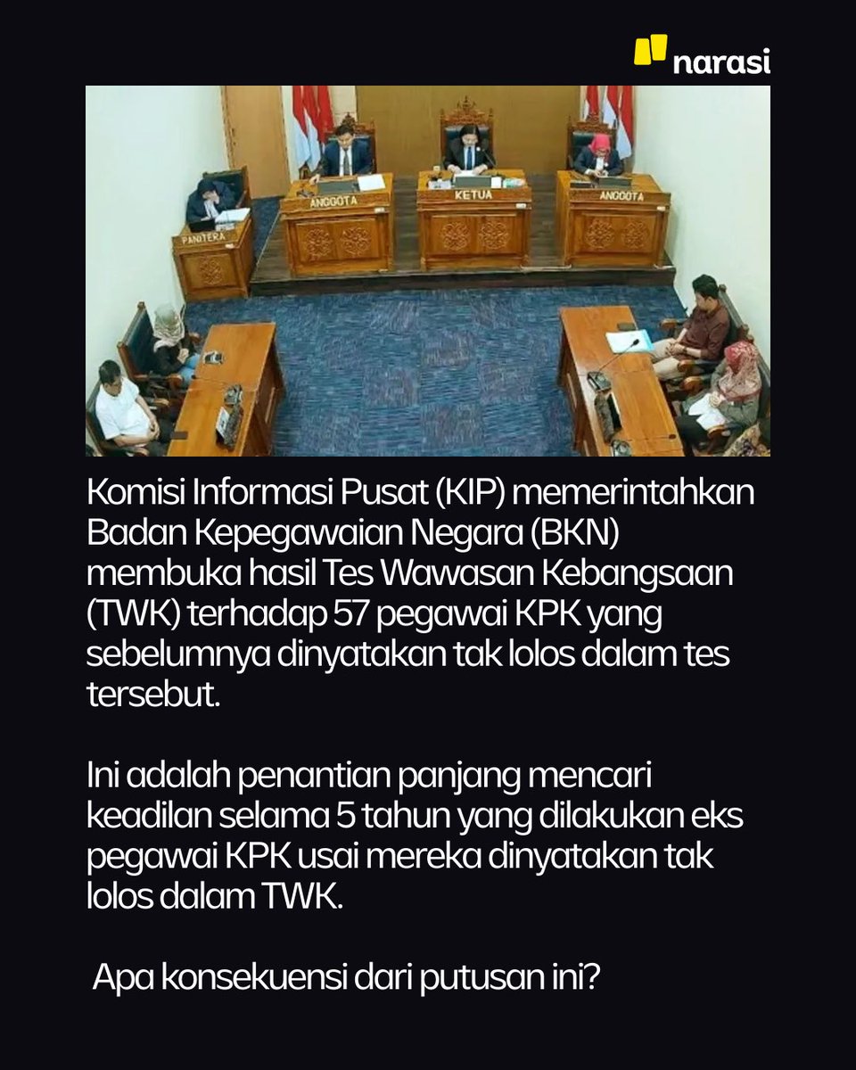 NarasiNewsroom's tweet photo. Komisi Informasi Pusat (KIP) memerintahkan Badan Kepegawaian Negara (BKN) membuka hasil Tes Wawasan Kebangsaan (TWK) terhadap 57 pegawai KPK yang sebelumnya dinyatakan tak lolos dalam tes tersebut. 

Ini adalah penantian panjang mencari keadilan selama 5 tahun yang dilakukan eks pegawai KPK usai mereka dinyatakan tak lolos dalam TWK. 

Apa konsekuensi dari putusan ini? 

| Narasi Daily