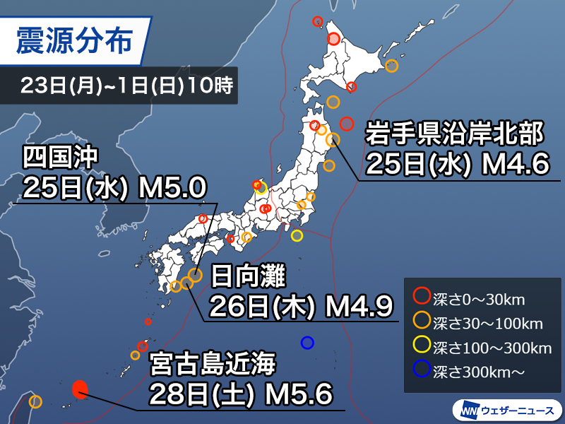 wni_jp's tweet photo. 【週刊地震情報】
宮古島の近海でマグニチュード5以上の地震が相次いで発生しています。南西諸島の北西に広がる沖縄トラフが関連しているとみられ、しばらくは活動に注意が必要です。
https://t.co/C15gDEs8VF https://t.co/en38YPgFTq