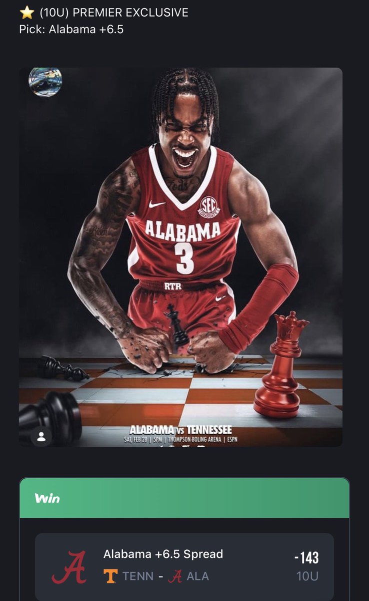 premier_pick's tweet photo. CBB: PLAY OF THE MONTH ๐
PREMIER EXCLUSIVE: 10 UNIT โญ๏ธ๐
โ
Alabama Crimson Tide +6.5
๐ฅ I told youโฆ if you needed a LOCK, you came to the right place..
Premier Exclusive will change your life.
#CBB | #CollegeBasketball | #Vols | #Volsnation | #Rolltide | https://t.co/AxNTQn6LzG