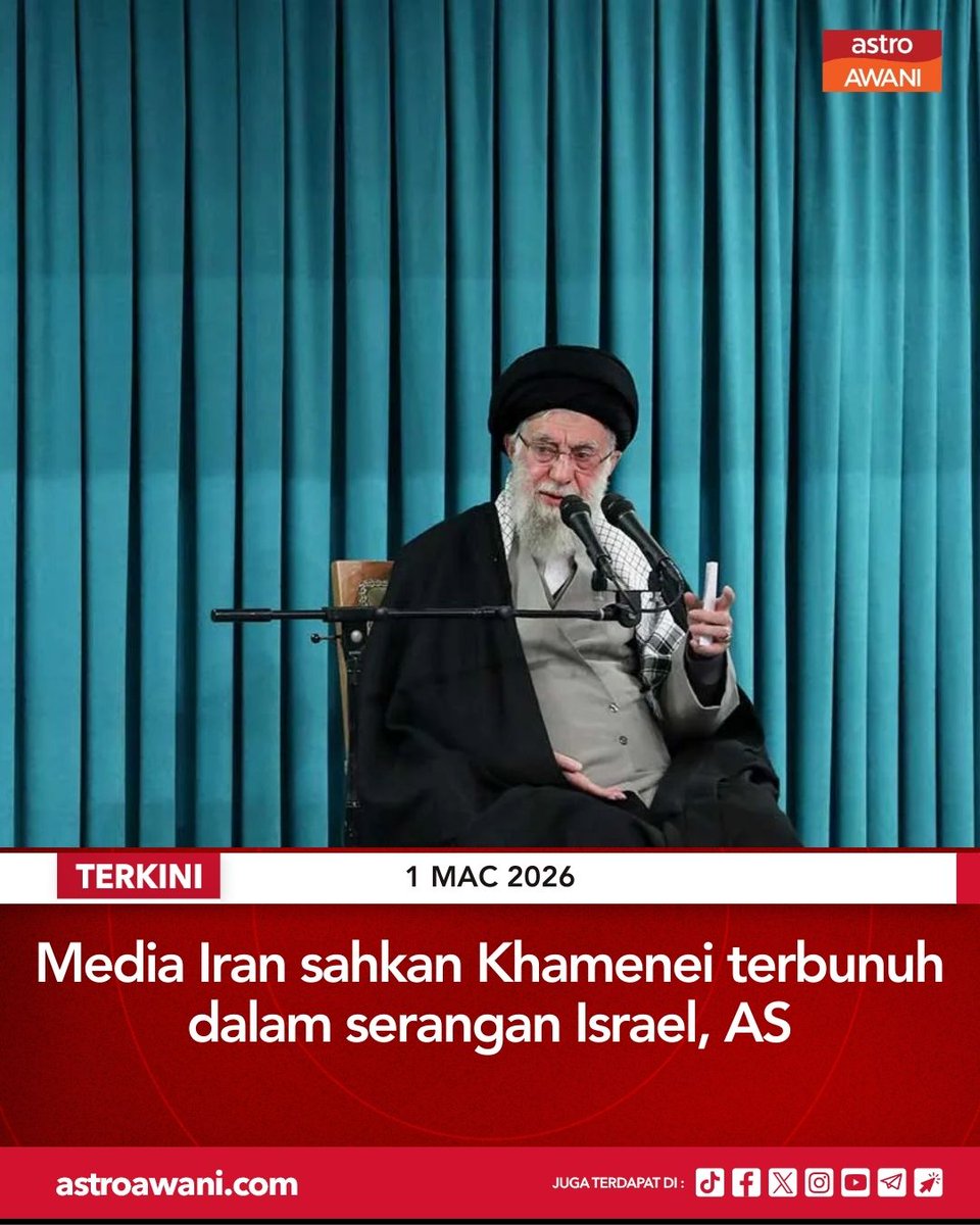Pemimpin Tertinggi Iran, Ayatollah Ali Khamenei dilaporkan terbunuh dalam serangan udara yang dilancarkan oleh Israel dan Amerika Syarikat (AS), pada Ahad.

Perkara itu disahkan stesen televisyen negara dan agensi berita rasmi Iran, pada Ahad.

Media Iran melaporkan, kematian