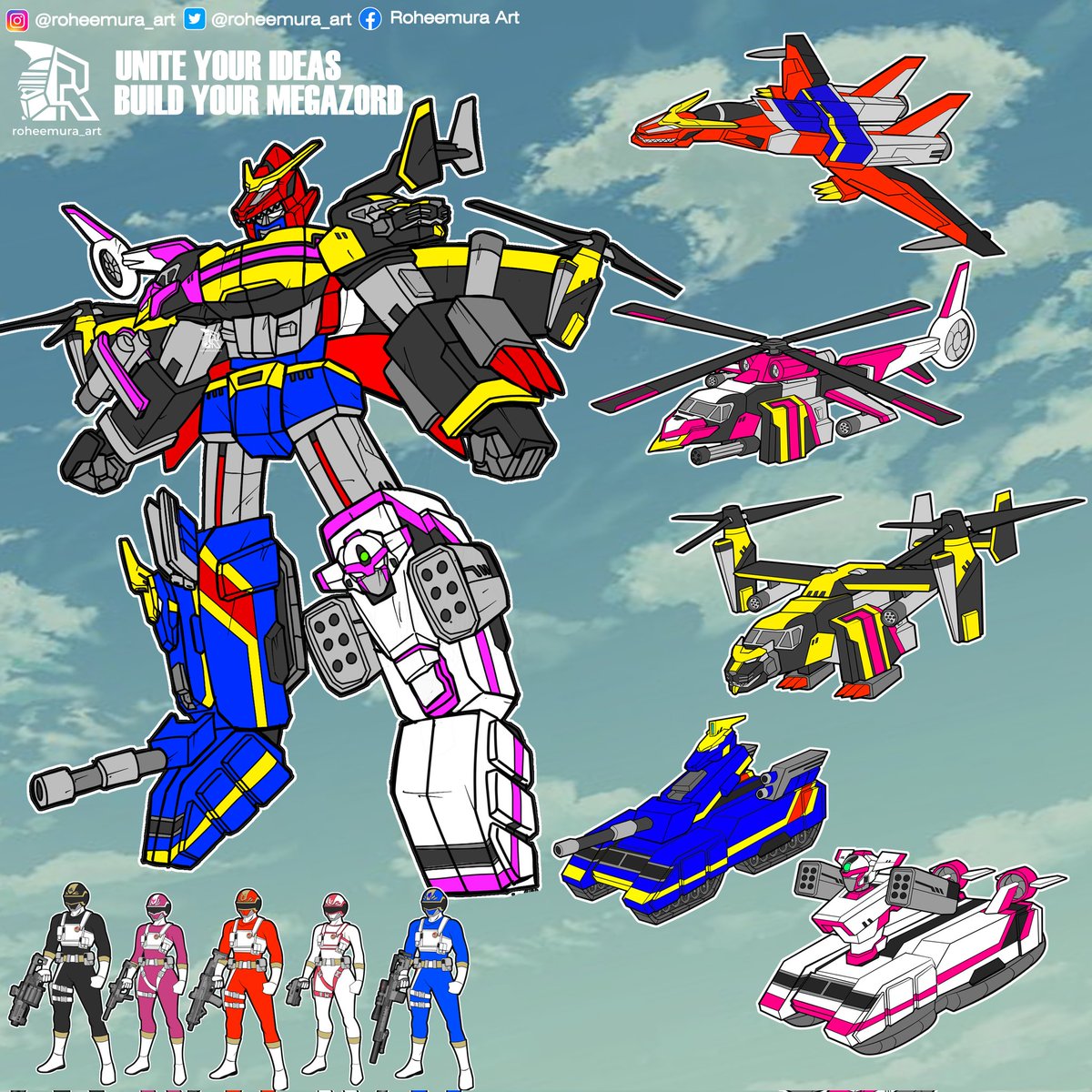 Since some of you ask for changeman, so here i'm reposting my Changeman mecha redesign 
Since Changeman is iconic for its military theme, I put the design toward heavy tactical machinery (based on their original mech) and fused it with their mythological creature motifs.