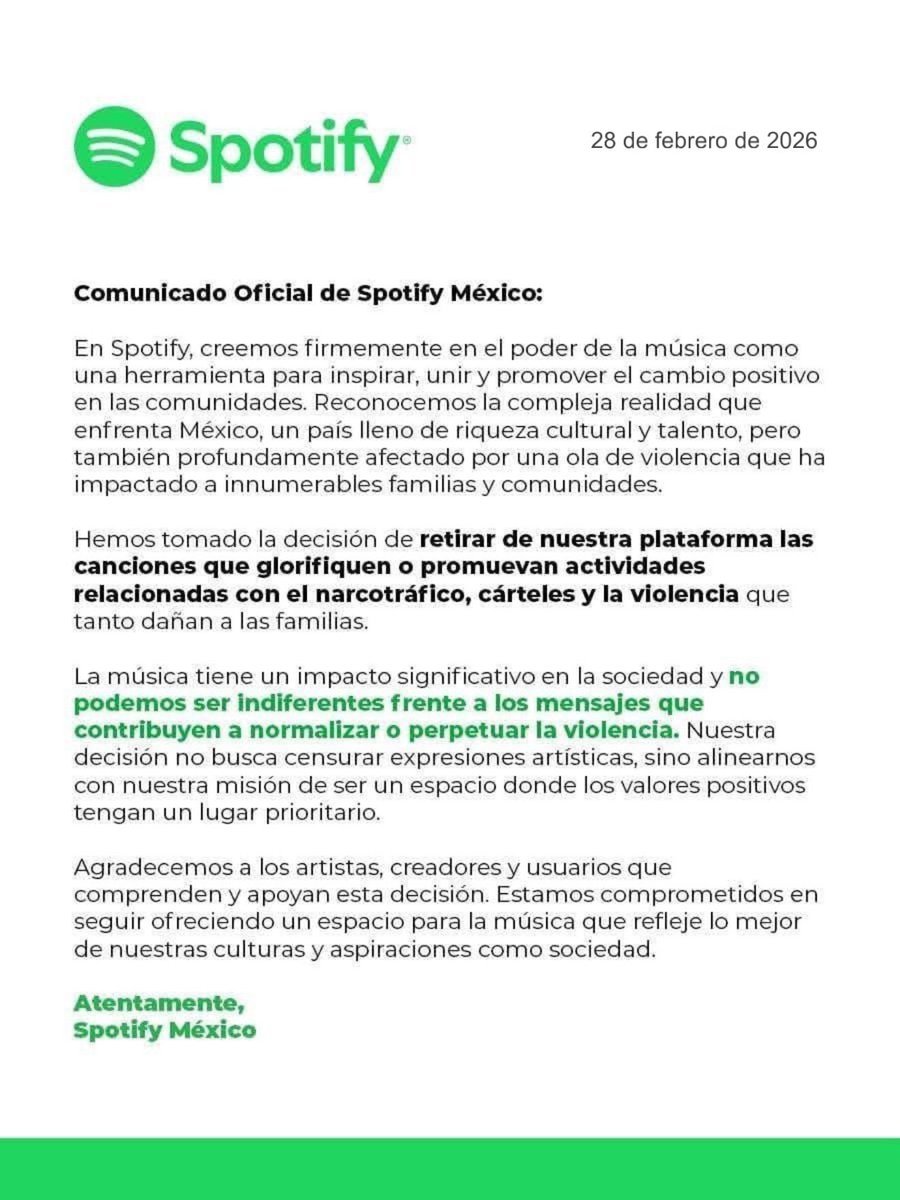 Efecto TRUMP. Spotify México anuncia que a partir de Marzo se prohiben los narcocorridos en su plataforma. 💯