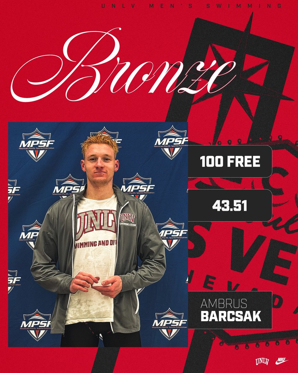 UNLV_Swim_Dive's tweet photo. That’s a bronze medal 🥉 for Ambrus Barcsak in the 100 free with the ninth-fastest time in program history (43.51)‼️
#JustGoOff https://t.co/oINPoRARfl