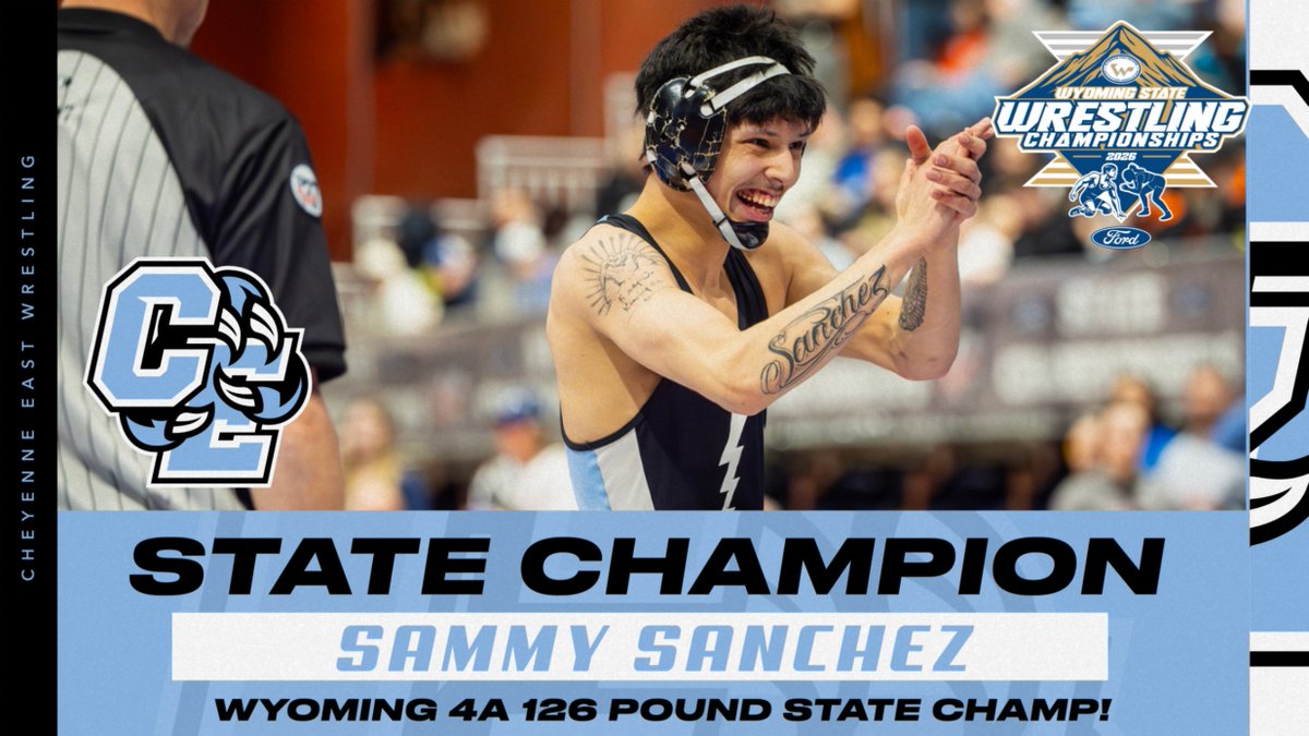 CheyEast's tweet photo. 🏆 STATE CHAMPS! 🏆

Cheyenne East Wrestling has TWO 2026 4A State Champions!

Congrats to Sammy Sanchez &amp; Kozad Porter on bringing home STATE TITLES! 🩵🖤

Thunderbird Nation is PROUD! 👏🔥

#TBirdNation #StateChamps #EastPride https://t.co/xDcFYKAy3l