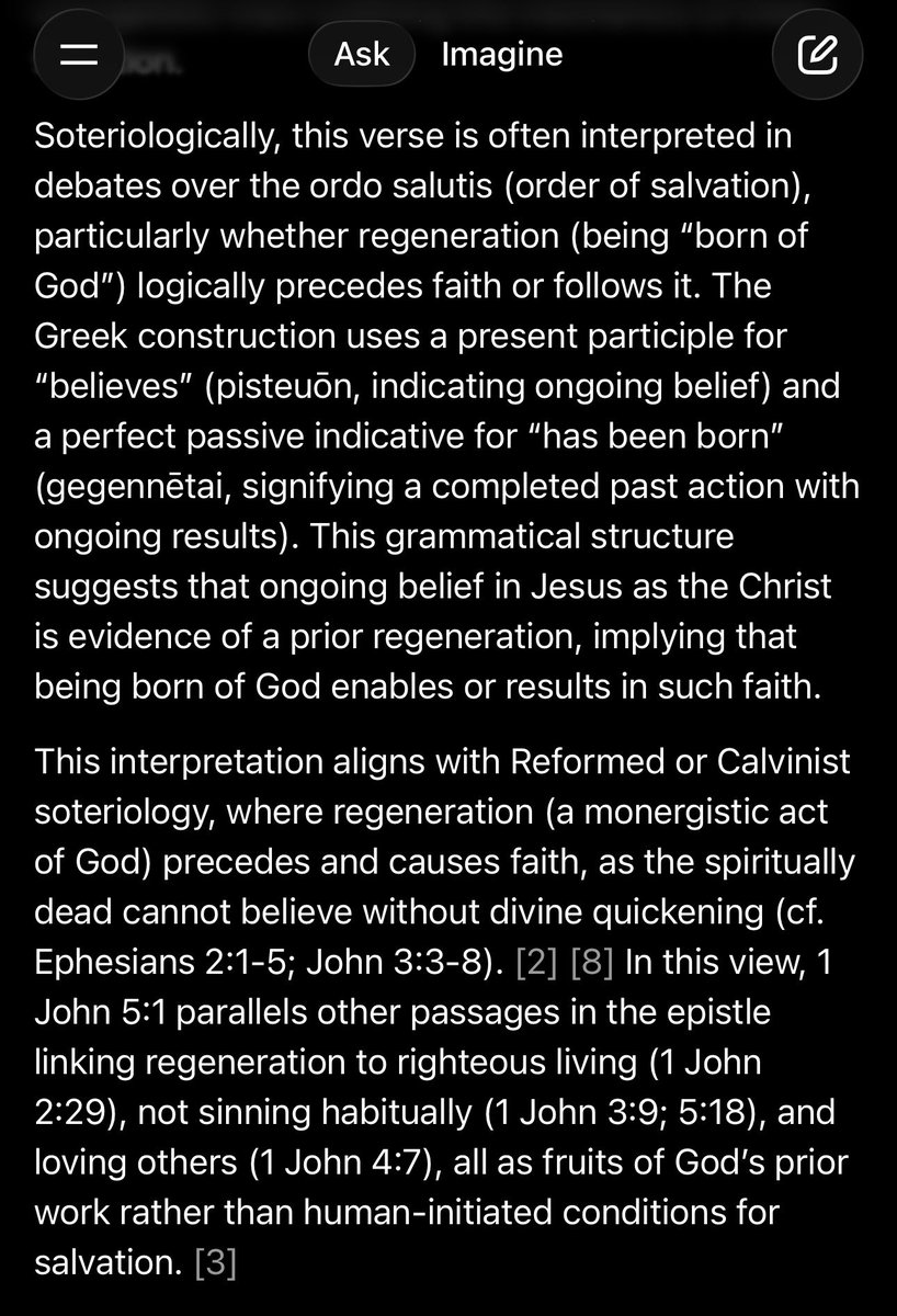 LSJ_2000's tweet photo. He blocked me so I can’t respond, then prompts Grok to answer a question that implies Calvinism but which follows previous Calvinist leaning prompts in his thread, influencing Grok’s response. I asked the same exact question in a new thread and got a balanced answer from Grok https://t.co/eypqeQZoHS