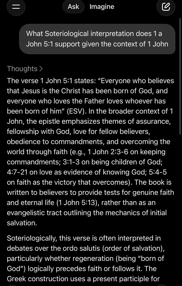 LSJ_2000's tweet photo. He blocked me so I can’t respond, then prompts Grok to answer a question that implies Calvinism but which follows previous Calvinist leaning prompts in his thread, influencing Grok’s response. I asked the same exact question in a new thread and got a balanced answer from Grok https://t.co/eypqeQZoHS