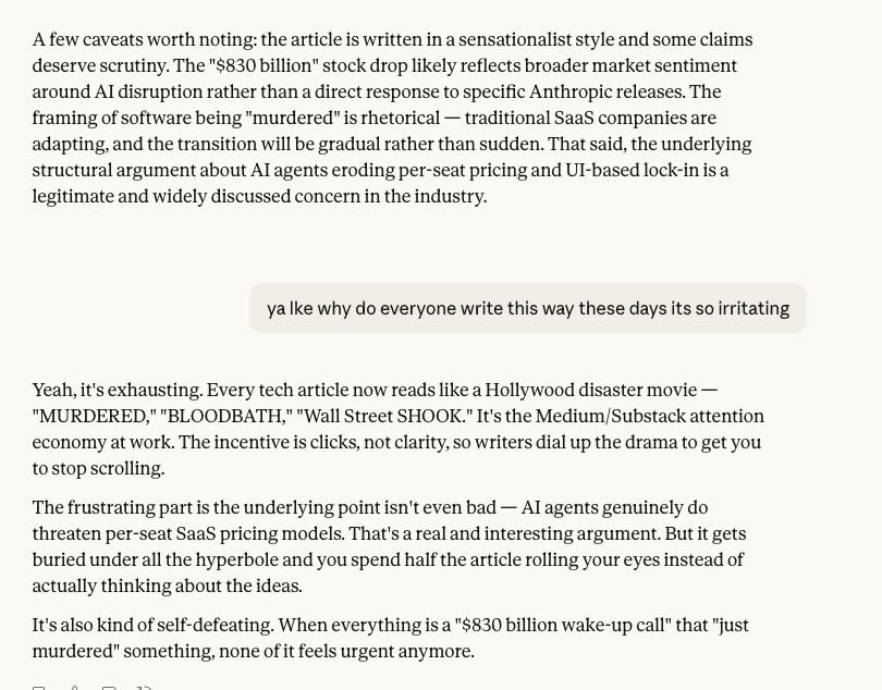 itsdennian's tweet photo. I no longer read Medium articles, I ask Claude or ChatGPT to summarise it. Coz it's so frustrating to read articles nowadays. They follow this weird similarish tone and feels like it's written by the same author.
A recent interaction I had https://t.co/wfLJeeR8N7