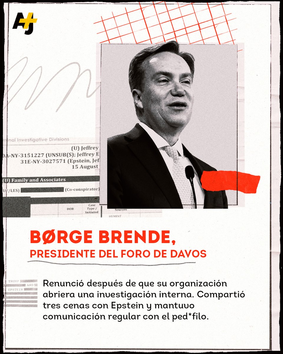 ajplusespanol's tweet photo. La difusión de millones de documentos del caso Epstein ha generado un terremoto en algunos países, donde se investiga a exfuncionarios públicos, empresarios y miembros de la realeza por sus vínculos con el p*derasta. Te contamos quiénes han caído con la publicación de estos documentos: