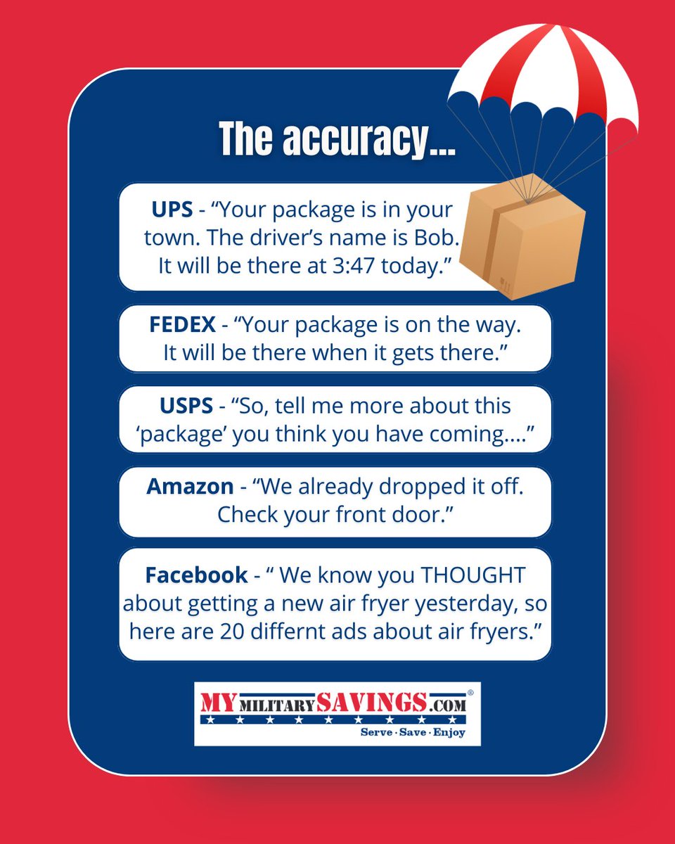 MyMilitarySvgs's tweet image. Oh wow! This is so accurate! Do you have any crazy package delivery stories👀📦?

#MMS #Packages #adulting

mymilitarysavings.com