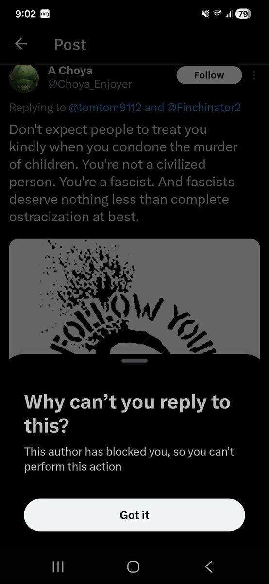 tomtom9112's tweet photo. @Choya_Enjoyer @Finchinator2 Crazy to call someone a fascist, when trying to have a basic discussion. Taking away my ability to respond back.... sounds pretty fascist though. So 10/10 for the self own i guess my dude? Hope one day you can reflect on how close minded you really are. Crazy to wish ill. https://t.co/oDV5blQFMd