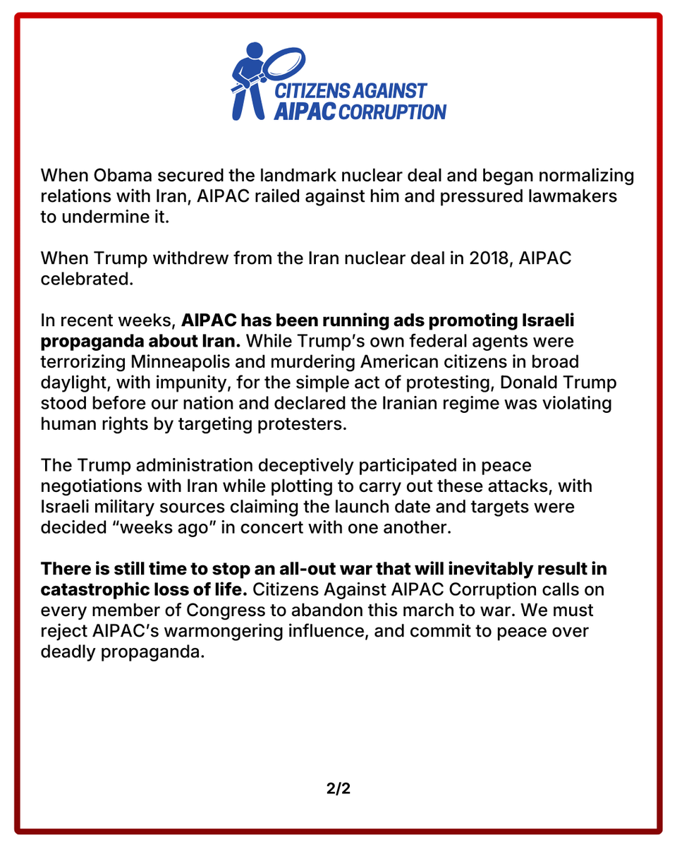 Let us state up front: This is an illegal war of regime change perpetrated in concert by the United States and Israeli governments.

Congress, including Democratic leadership who stalled a vote on the War Powers Resolution, is equally culpable in today’s strikes, as are their