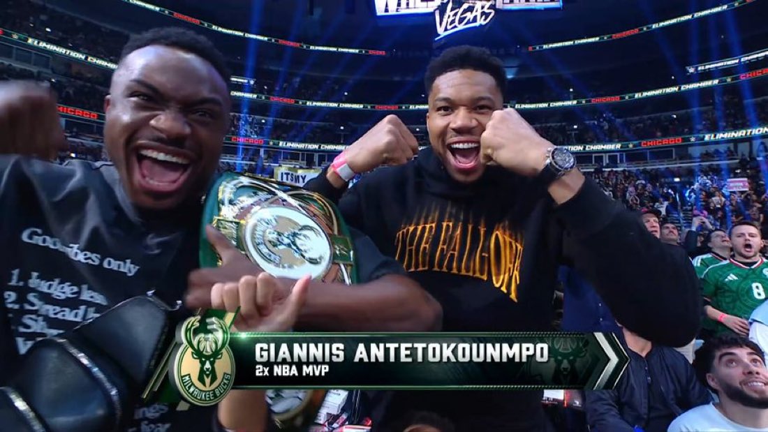WrestlePurists's tweet photo. Giannis was shown and Michael Cole started begging him to go to the Knicks 💀

#WWEChamber https://t.co/6o79ZV5Ok5