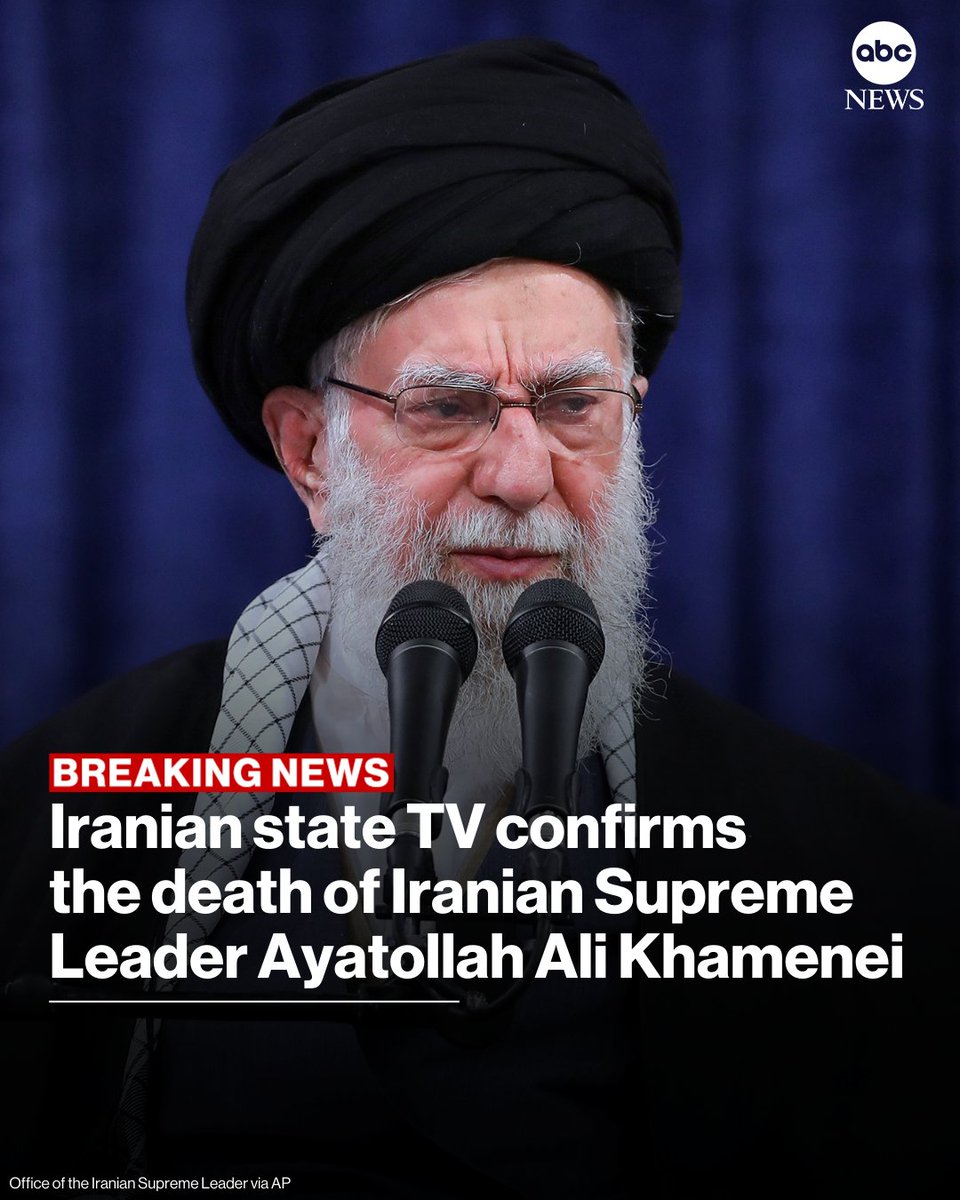 BREAKING: Iranian state TV has confirmed the death of Iranian Supreme Leader Ayatollah Ali Khamenei following the U.S.-Israeli attack on the country Saturday.

Read more: abcnews.link/2e9p14w