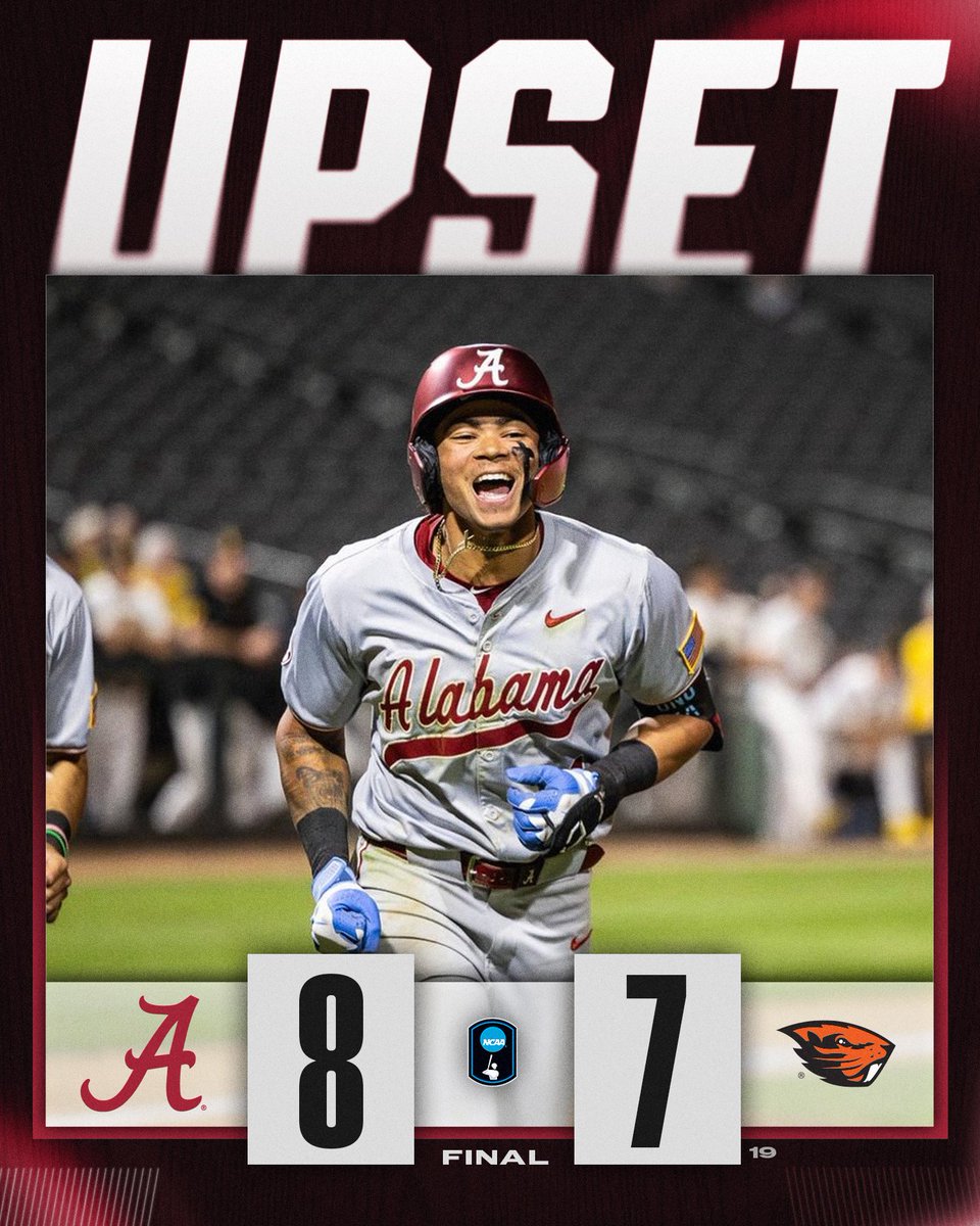 NCAABaseball's tweet photo. Roll Tide Roll 🐘

@AlabamaBSB upsets No. 19 Oregon State, 8-7, in Frisco! 

#NCAABaseball https://t.co/t0YjGkXR4D