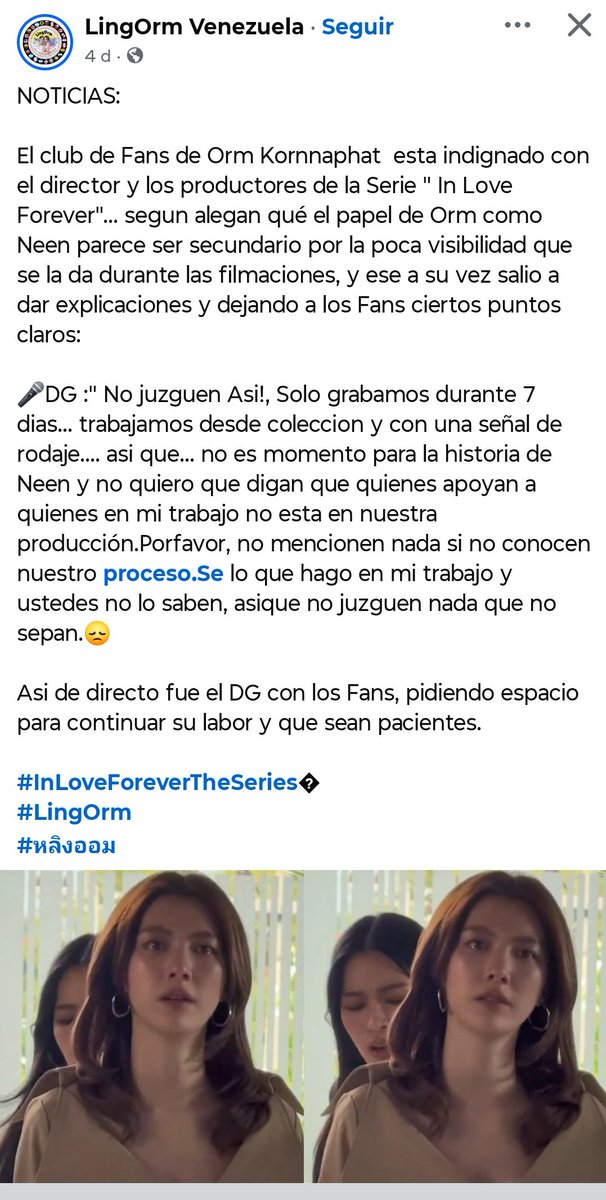 SalAkire's tweet photo. I want to expose this LingOrm Venezuela account. I've noticed some stuff on her x account, but I found her Facebook acc, and she posted this 👇🏻

It is in Spanish but it says that the Whole Orm Kornnaphat fandom was against the director of the series. When we know it was only one account, that the guy picked on. Of course they only posted it on Facebook, because her x account doesn't have it. She knows what she's doing. 

How can a LO fanbase be so biased?  And liar about actual things. Also, if you check the rest of the posts, there's no tags for Orm. Only Ling's, even in Orm's pictures!!! Wth!? Thats the upsetting part for me, she's using Orm's image to get clout, and there's no support for Orm. I bet they ask for donations because they sent some money bouquets, but how honest is to ask money from Orm's fans when you're doing this crap? 

At this point just go solo, and stop lying and being this shady. 
Link in reply just in case you want to report and also support the only account in Facebook actually arguing there with the truth.