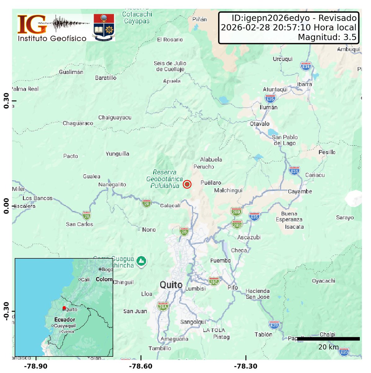 IGecuador's tweet photo. [REVISADO]
Evento: igepn2026edyo
Ocurrido: 2026-02-28 20:57:10
Mag.: 3.5MLv
Prof.: 11.0 km
Lat.: 0.062° N
Long.: 78.468° W
Localizado: a 26.86 km de Quito, Pichincha
Sintió este sismo? Repórtelo: https://t.co/cIYNI76xn0 https://t.co/GhiCmkhyHs