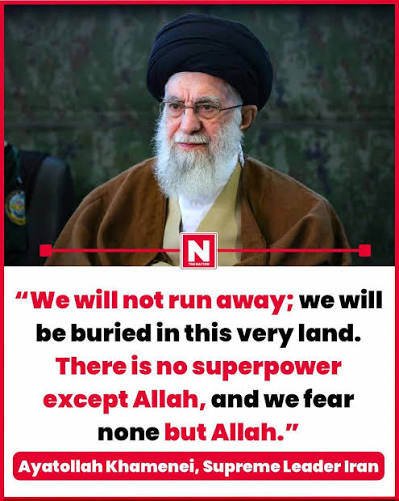 Umma_sayed1's tweet photo. "We will not run away; we will be buried in this very land. There is no superpower except Allah, and we fear none but Allah."
That's his last word as Supreme Leader, the only man who stood against Israel when the whole Muslim world was silent for Palestine.
#Khamenei #iranvsisrael