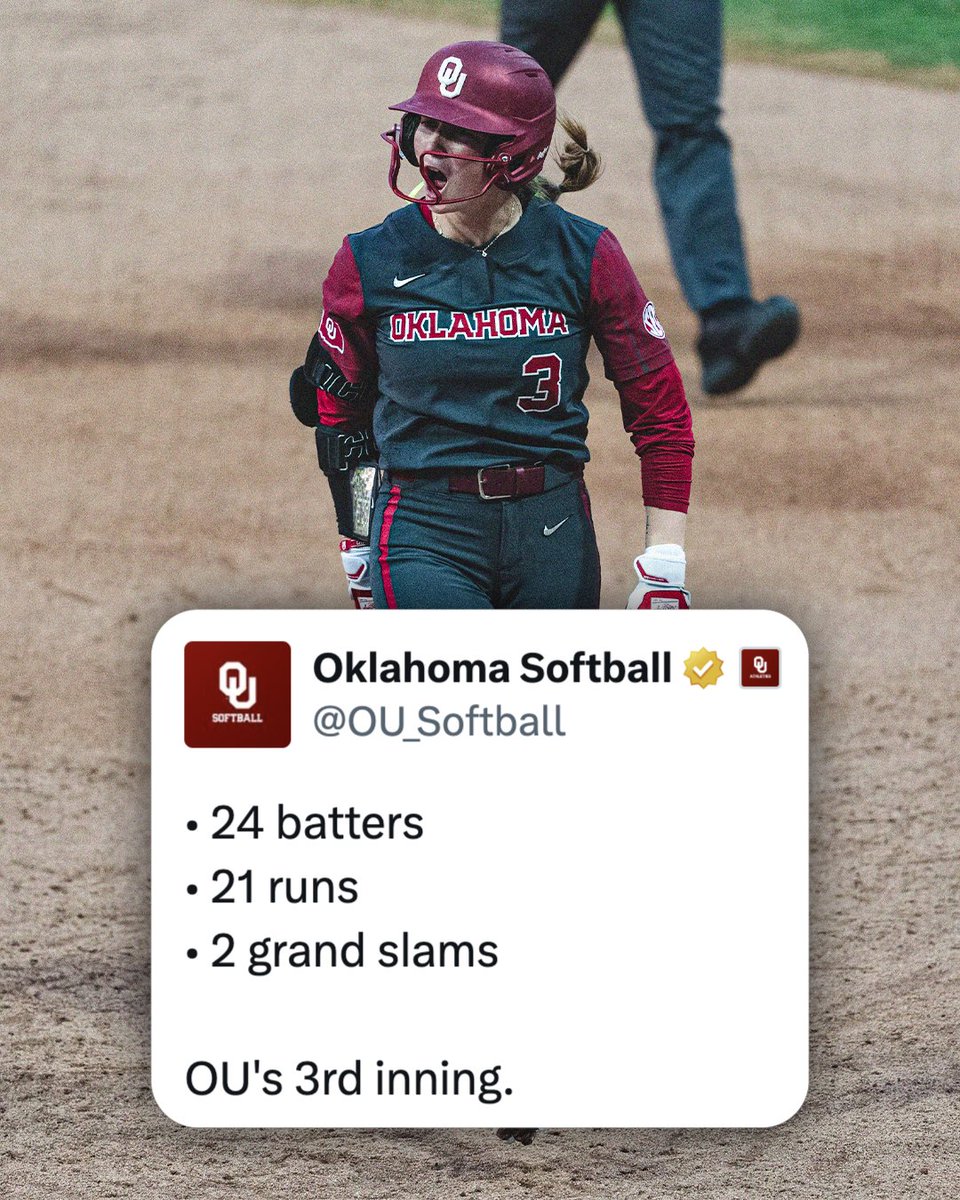 ESPNInsights's tweet photo. The Oklahoma Sooners just scored 21 RUNS IN THE 3RD INNING against Alabama State 🔥 

It's the second most runs scored in an inning in Division I history 😮

(📸: @OU_Softball) https://t.co/yuKWWchbfb