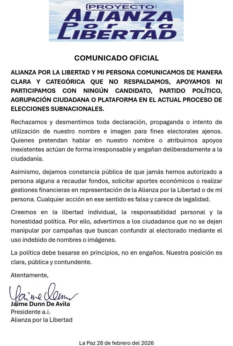 --------COMUNICADO---------
#AlianzaPorLaLibertad #Bolivia
#Bolivia #JaimeDunn