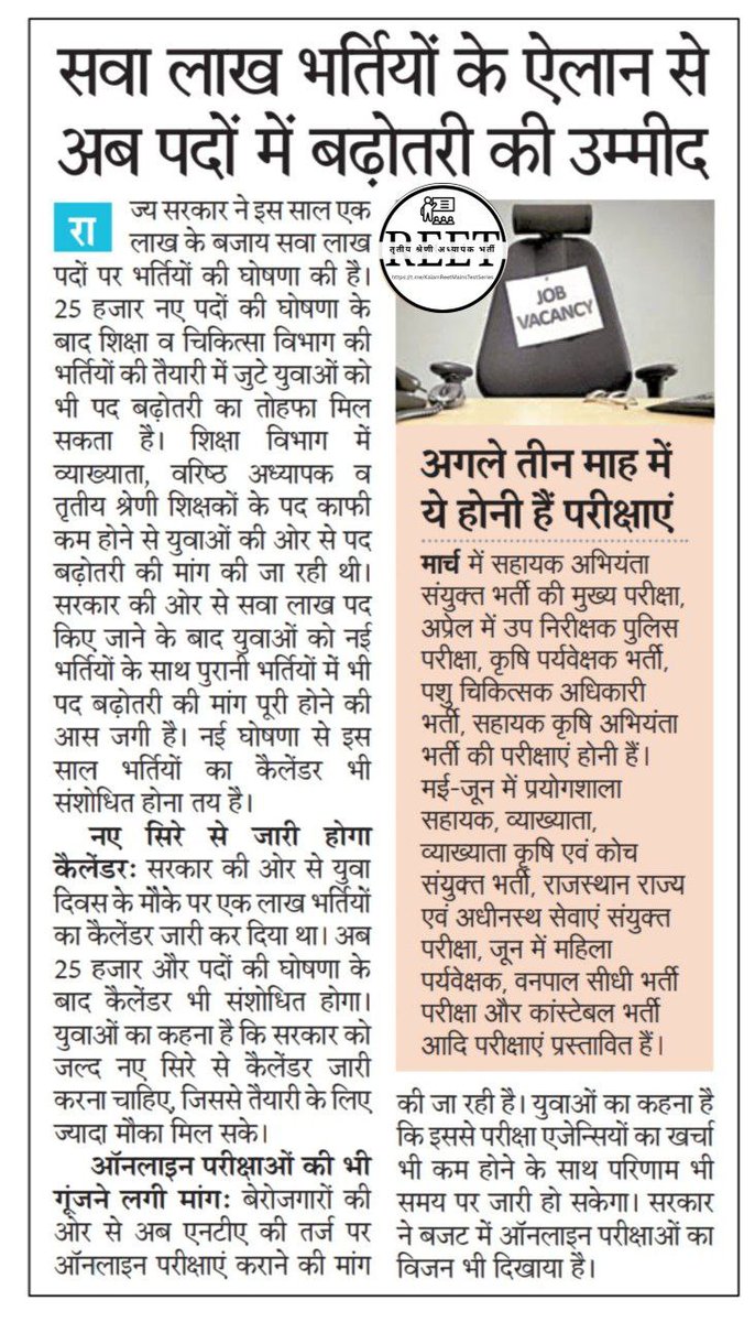 तृतीय श्रेणी शिक्षक भर्ती L 1 और L 2 बहुत ही कम पदों पर आयोजित हुई है....!
कुछ दिन पहले शिक्षा विभाग के अधिकारियों की बैठक हुई थी और पद वृद्धि पर चर्चा हुई थी..!
थोड़ा सा अगर धरातल पर प्रयास करें तो इस भर्ती में 100% पद वृद्धि हो सकती हैं 
<a href="/RajCMO/">CMO Rajasthan</a> 
<a href="/BhajanlalBjp/">Bhajanlal Sharma</a>
