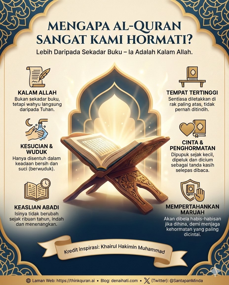 Pernahkah kawan-kawan bukan Muslim tertanya-tanya, kenapa kami sangat menjaga naskhah Al-Quran? 

Bagi kami, Al-Quran bukan sekadar buku. Ia adalah Kalam Allah. Kerana itu, kami meletakkannya di tempat paling tinggi. Jika di rak buku, ia tidak akan ditindih; ia sentiasa di atas.