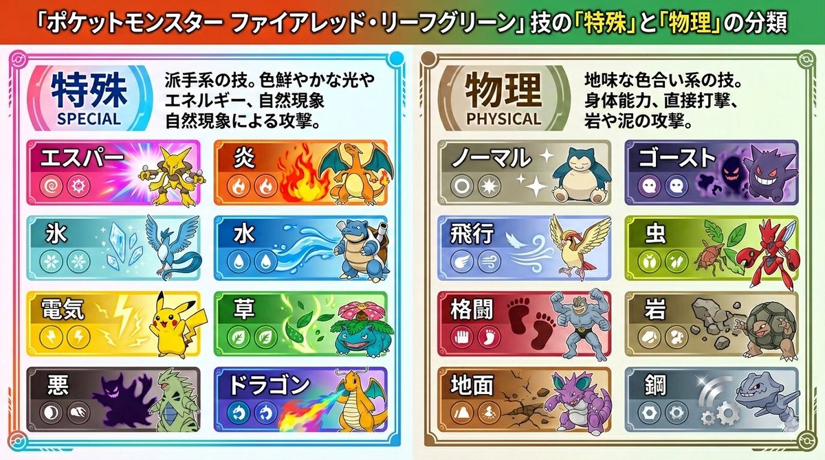 ポケモンのタイプって、物理or特殊のどちら依存か覚えづらい。
　└ 例：かみつく〔悪〕が特殊依存 等

「色でイメージつけると覚えやすい」と有識者の方に教わったので、一枚絵にしておきました。