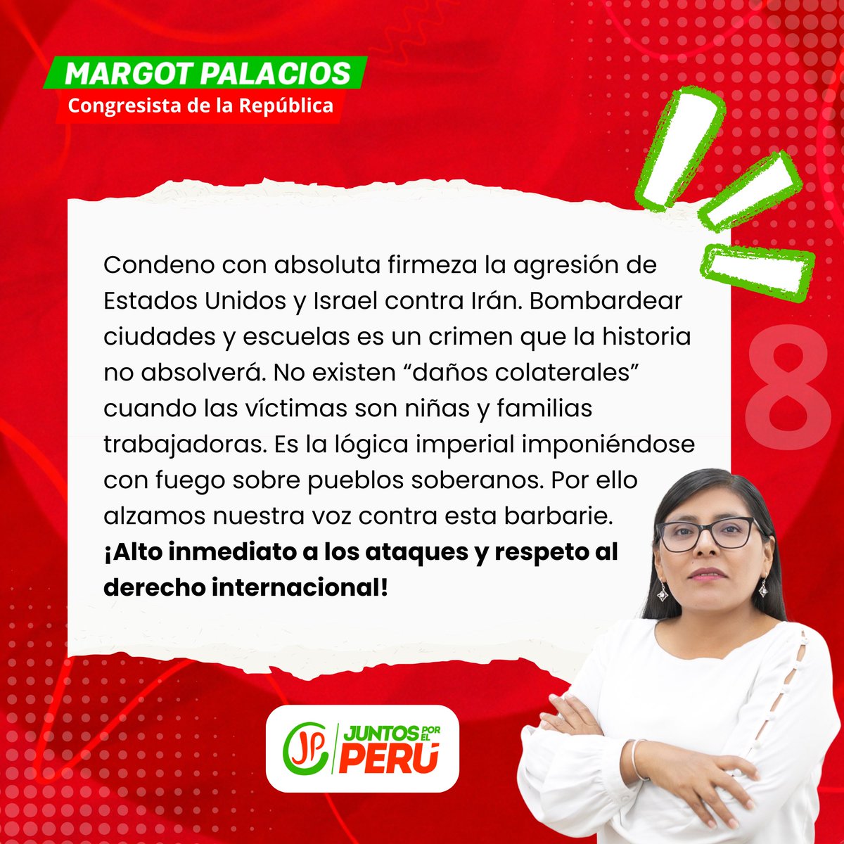 Condeno con absoluta firmeza la agresión de Estados Unidos y Israel contra Irán. Bombardear ciudades y escuelas es un crimen que la historia no absolverá.
No existen “daños colaterales” cuando las víctimas son niñas y familias trabajadoras.
Es la lógica imperial imponiéndose con