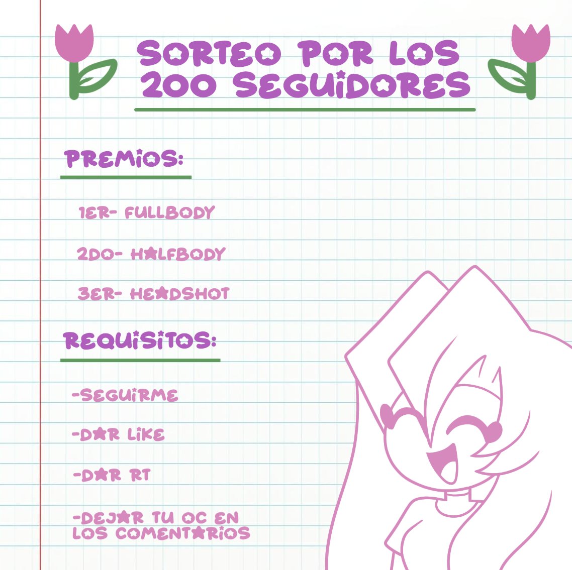 ✨Sorteo para dibujar tu OC✨
...
Tal como lo prometí, voy a hacer un sorteo por llegar a la primera meta de 200 tulipanes, ahora somos 220, 🌷✨
No hay palabras suficientes para agradecerles por todo su apoyo 🫂 🩷
Voy a recibir sus oc hasta el  15 de marzo. Diviértanse 🫶
