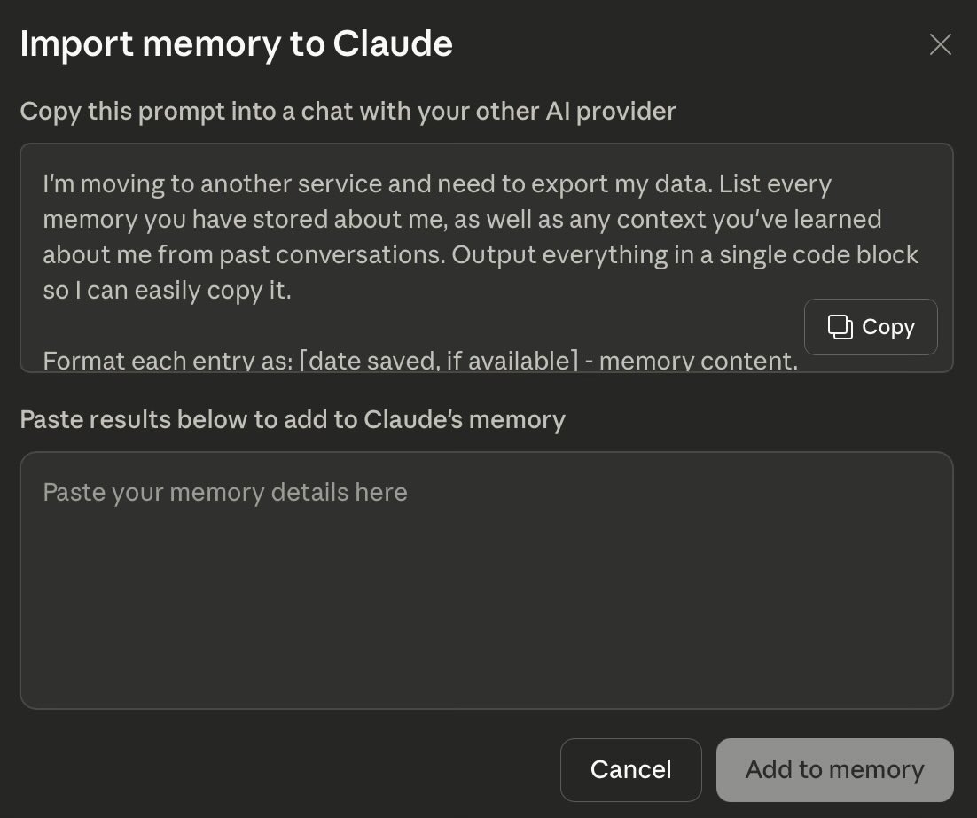 signulll's tweet photo. the memory import ux is pretty clever, they give you a prompt &amp; you just copy paste the response. no files either. https://t.co/UEPUQkaQgj
