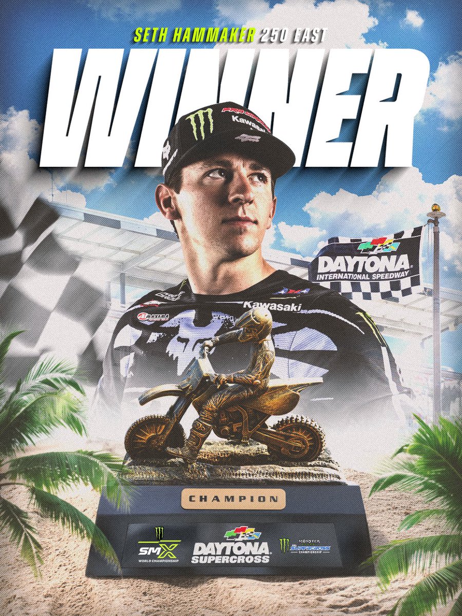 SupercrossLIVE's tweet photo. Seth Hammaker stands atop the podium in victory lane tonight! 🏆 🏁 

#SupercrossLIVE #SMX #Kawasaki https://t.co/wQ9k185l9b