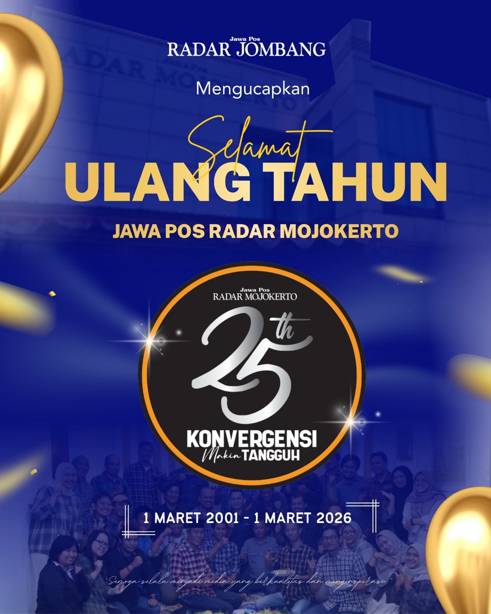 radarjombang's tweet photo. 🎉 𝙎𝙚𝙡𝙖𝙢𝙖𝙩 𝙐𝙡𝙖𝙣𝙜 𝙏𝙖𝙝𝙪𝙣 @radar_mojokerto Ke-25 🎊
" ᴋᴏɴᴠᴇʀɢᴇɴsɪ ᴍᴀᴋɪɴ ᴛᴀɴɢɢᴜʜ "

#Jombang #Mojokerto #RadarJombang #RadarMojokerto #BacaRadarJombang #JawaPos #JombangBanget #UlangTahun #HappyAnniversary #Happy25 https://t.co/peRUH9Vh3s