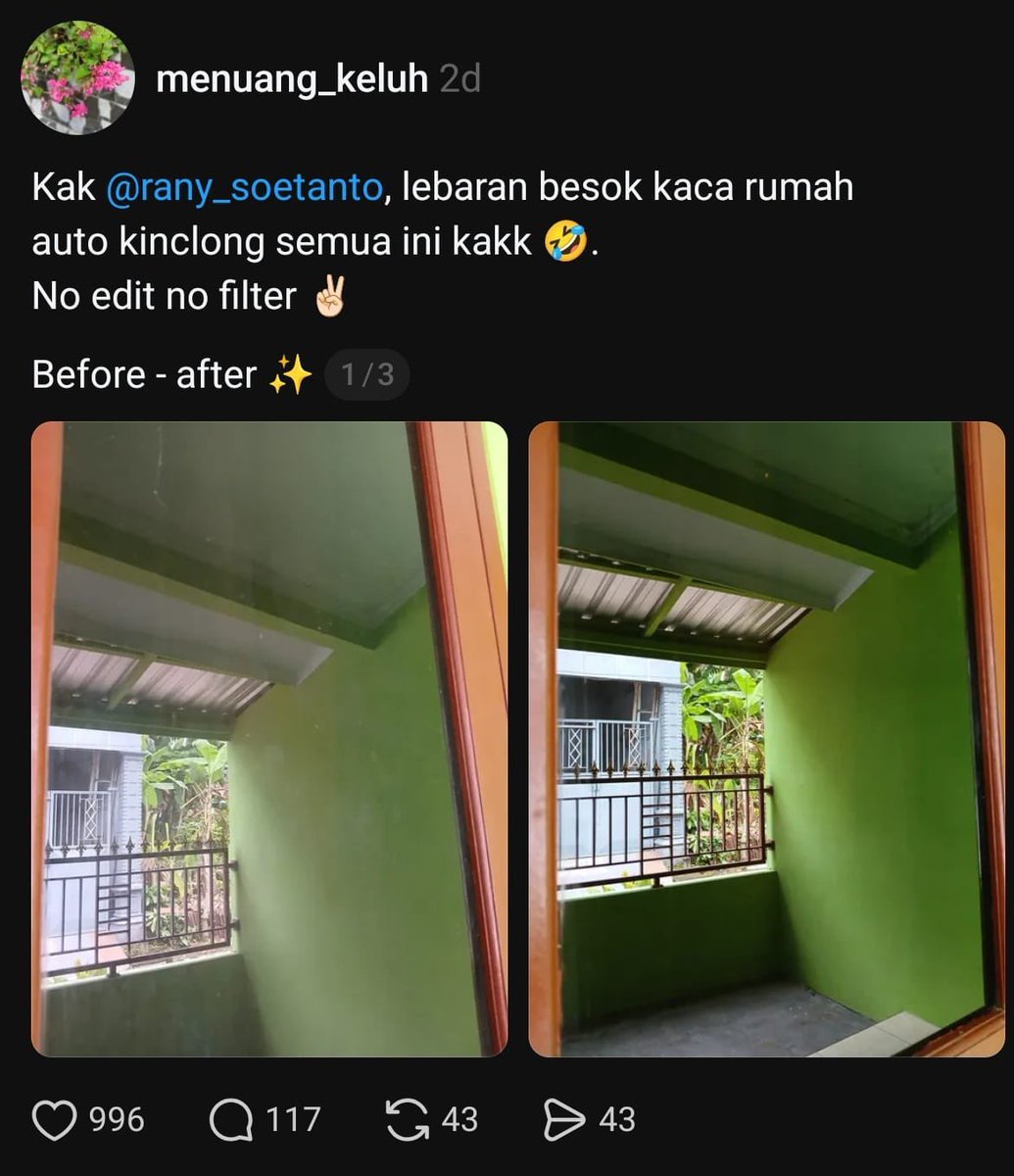 eresteuuve's tweet photo. THE REAL SUNGKEM KAK! 🙏 Akhirnya tau rahasia kaca jendela super kinclong!! 😭😭

Berguna bgt biar lebaran, rumah makin enak diliat 😌 https://t.co/GPsSBNIonm