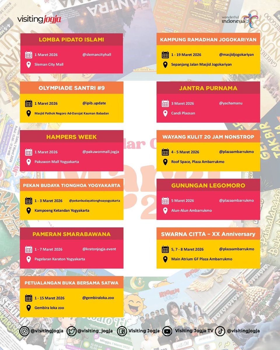 visiting_jogja's tweet photo. March 2026 in Yogyakarta is full of exciting events! 🎉
Festivals, Ramadan markets, art & music shows await you all month long.
📅 March 2026
📍 Yogyakarta
ジョグジャカルタの2026年3月はイベントがいっぱい!🎉
3月はジョグジャを楽しみましょう!
#VisitJogja #EventJogja https://t.co/iWzJYEWvGT