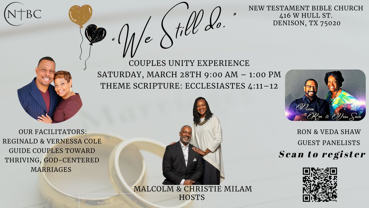 MilamChristie's tweet photo. We Still Do Marriage Event!
March 28 • 9AM–1PM • NTBC 💍
Strengthen your marriage with Christ-centered teaching, connection, and practical tools for unity + growth.
Register 👉 https://t.co/IzjiyIJPoa
#WeStillDo #NTBC #212BuiltToGrow
@bigbook15817 @CC_CoachClark https://t.co/rDC4xKfV06