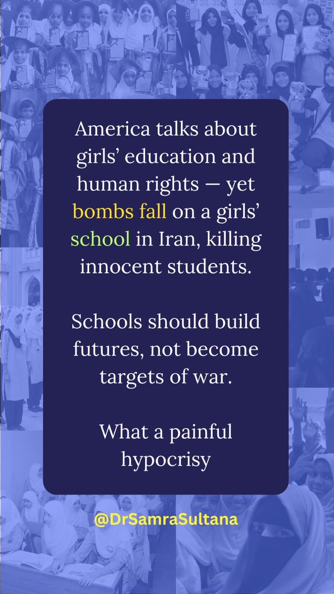 DrSamraSultana's tweet photo. America talks about girl’s education &amp; #humanrights yet bombs fall on girl’s school in #iran killing innocent students. 
#boycotisraël🇮🇱 https://t.co/x35SZSflYu