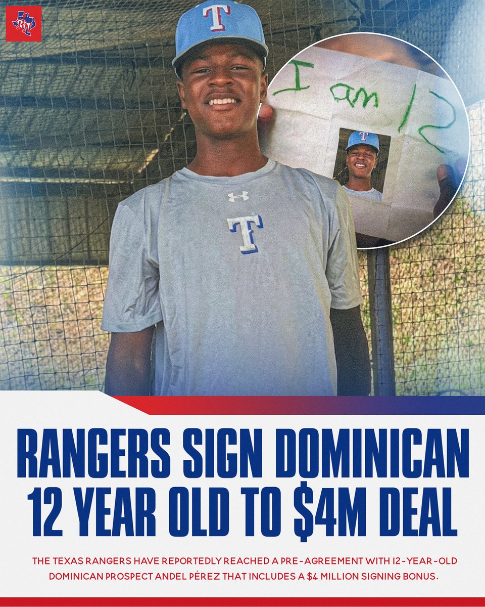 Rangers__Nation's tweet photo. The Texas Rangers have reached a pre-agreement with 12-year-old Dominican prospect Andel Pérez for a $4.0 million signing bonus, per Wilber Sanchez 👀

International prospects are not eligible to officially sign until age 16, making this an early and significant commitment by Texas. The $4 million is expected to be the largest bonus the organization allocates in its 2030 international class.

Reports indicate Pérez is already capable of handling 95–96 MPH velocity at the plate and throwing 88+ MPH across the infield.

Evaluators cite his physical tools and overall makeup, with some projecting he could reach MLB by age 20 if his development stays on track.