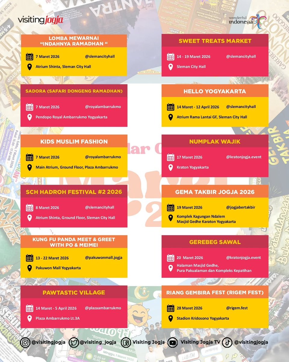 visiting_jogja's tweet photo. March 2026 in Yogyakarta is full of exciting events! 🎉
Festivals, Ramadan markets, art & music shows await you all month long.
📅 March 2026
📍 Yogyakarta
ジョグジャカルタの2026年3月はイベントがいっぱい!🎉
3月はジョグジャを楽しみましょう!
#VisitJogja #EventJogja https://t.co/iWzJYEWvGT