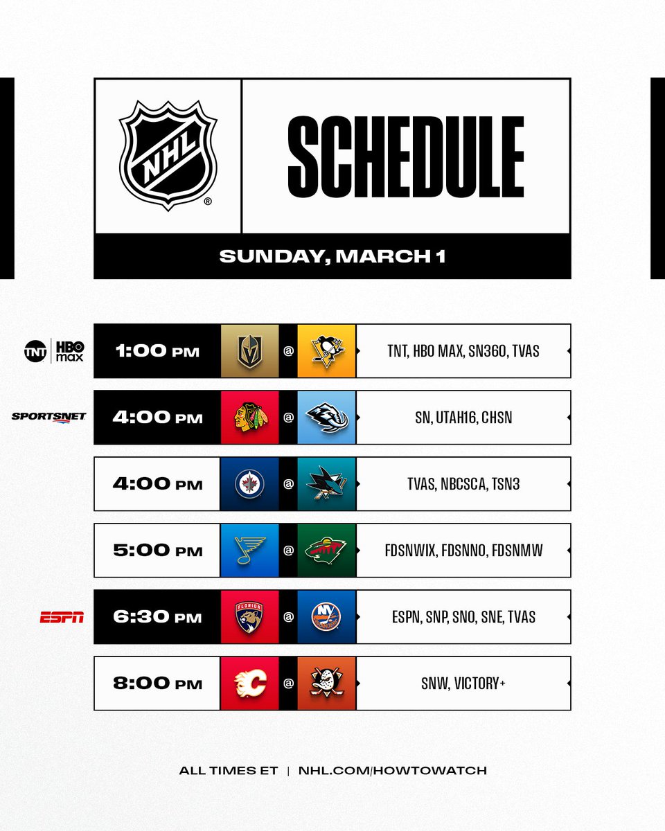 NHLPR's tweet photo. Sunday's six-game slate features three national broadcasts, including the @GoldenKnights and @penguins on @NHL_On_TNT, the @NHLBlackhawks and @utahmammoth on @Sportsnet as well as the @FlaPanthers and @NYIslanders on @ESPN. https://t.co/ObdqJEBN3y