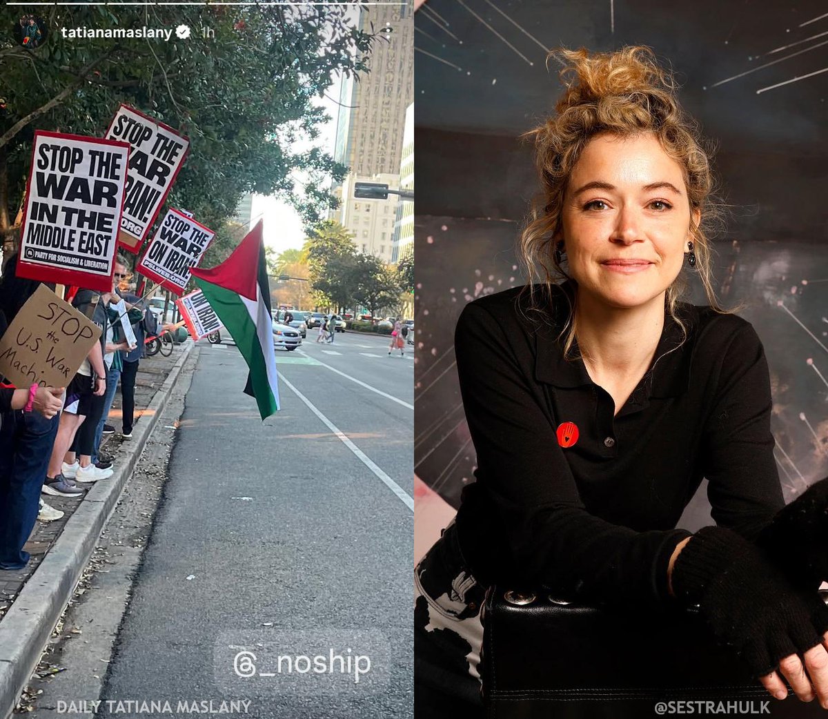 Tatiana Maslany joined a protest in New Orleans today to oppose the US-Israeli attacks on Iran!
