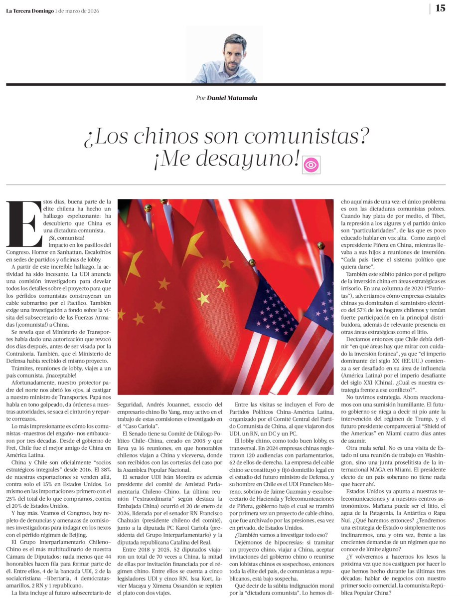 Desnudar la hipocresía de los políticos es un rasgo natural de <a href="/DMatamala/">Daniel Matamala</a> q se agradece:

“El   Grupo   Interparlamentario   Chileno–Chino  es  el  más  multitudinario  de  nuestra  Cámara  de  Diputados:  nada  menos  que  44  honorables  hacen  fila  para  formar  parte  de