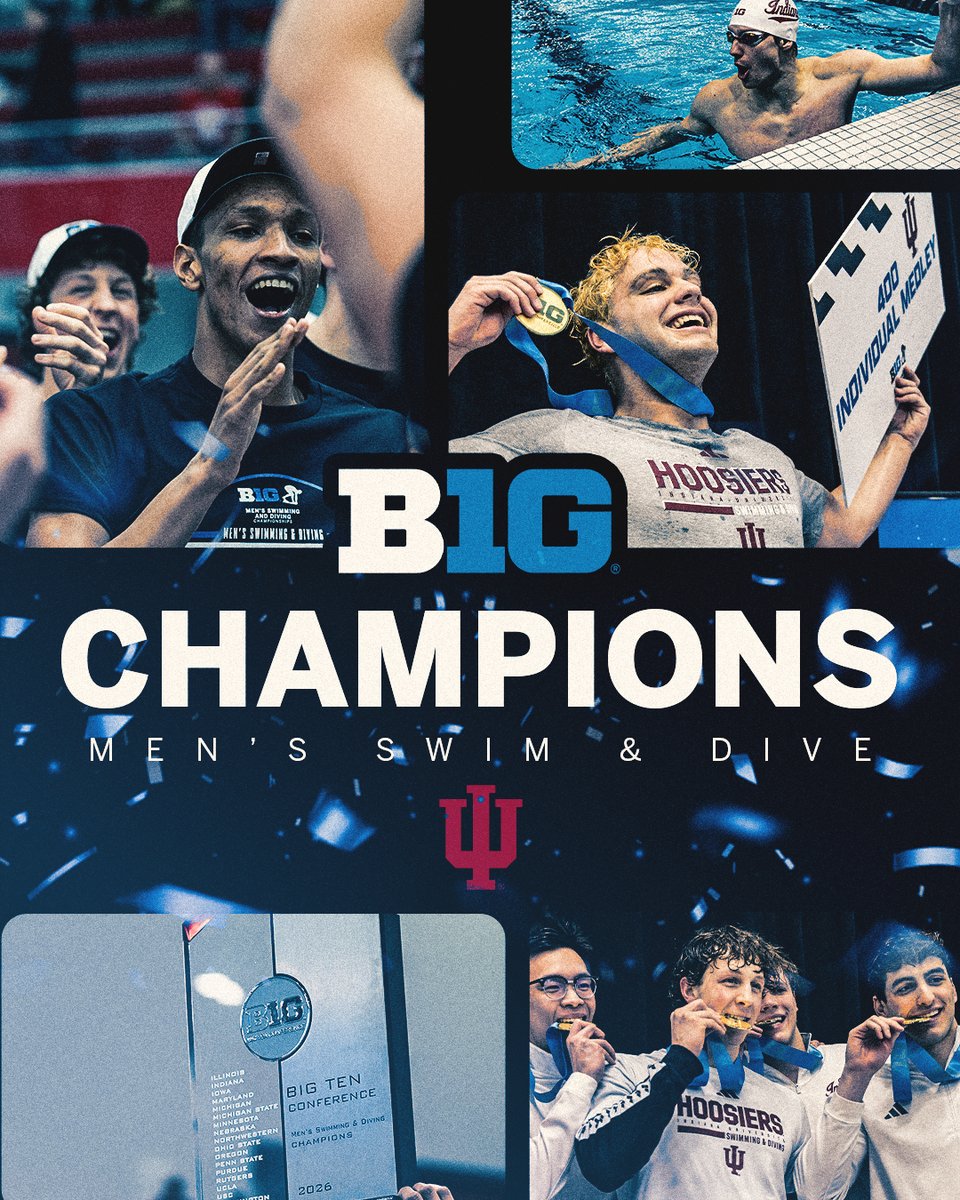 🏆 CHAMPIONS 🏆

<a href="/IndianaSwimDive/">Indiana Swim & Dive</a> wins the 2026 Big Ten Men’s Swimming and Diving title for the fifth straight year! They score a total of 1544.5 points ‼️

#B1GSD
